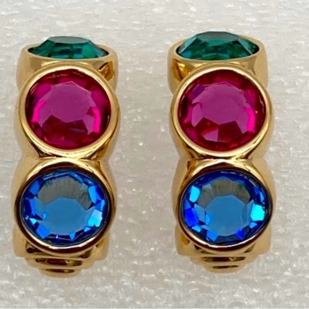 Swarovski gold-tone half-hoop earrings blue, pink, green glass crystal lips